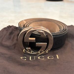 Gucci Guccisima Men’s Black Leather Belt with Silver Buckle, Mint Condition